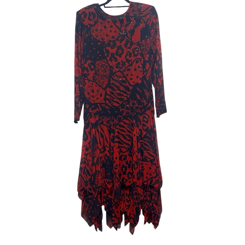 AJ Bari VTG 80s Dress 14 Red Bead Glitter Plunge Back Handkerchief Hem Cocktail